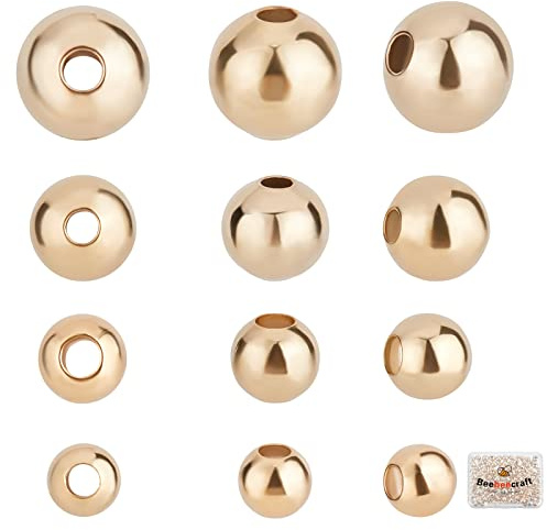 Beebeecraft 200 Stück 4 Größen 24 Karat Vergoldete Perlen 3.5 mm 4 mm 5 mm 6 mm Runde Glatte Zwischenperlen Anlaufbeständig Nahtlos Für Halsketten Armbänder Ohrringe Schmuckherstellung