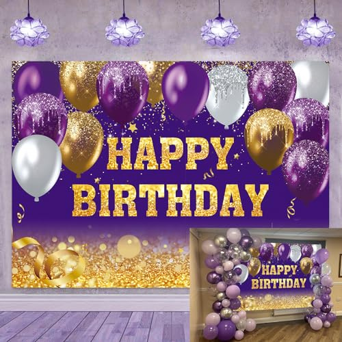 210 x 150 cm Toile de Fond Violette à Paillettes « Happy Birthday » avec Pois argentés Brillants pour Femmes et Filles Fond de Photographie décorations de fête Fournitures de Studio Photo