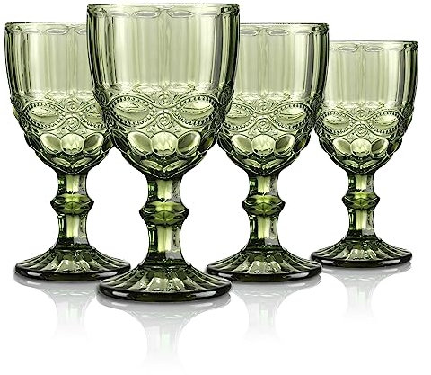 Joeyan Verde Vintage Bicchiere da Vino Vetro con Sollievo,Colorato Bicchieri da Vino Bianco per Cocktail Cava Acqua,300 ml,Set da 4 Pezzi,Lavabile in Lavastoviglie