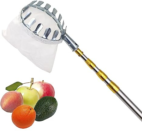 DXDRT Obstpflücker,Apfelpflücker mit Teleskopstiel und Stoffbeutel, Leicht Edelstahl Obsternter Obstfänger zum Ernten Äpfeln,Avocado,Pflaumen,Zitrus,Pfirsich,Birnen Usw,Gold,2.1M/6.8FT