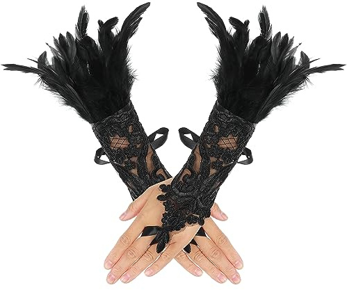 COMNICO Guanti da donna a punta di piuma, lunghi guanti a rete gotica, senza dita, per matrimoni, Halloween, feste, Nero , 20