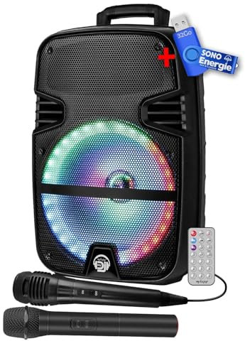 Enceinte Sono Mobile My Deejay MDJ12 Ring à LEDs RVB 600W 12 USB, Bluetooth, TWS, Micros VHF et Filaire, +clé USB 32Go