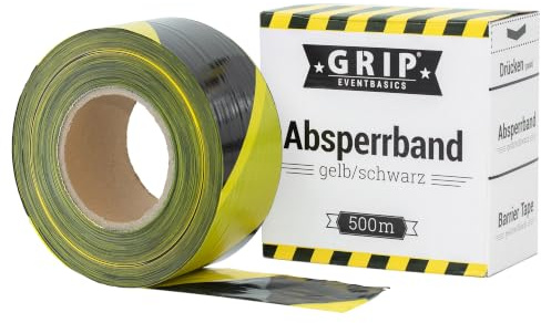 GRIP Eventbasics Absperrband schwarz-gelb gestreift | 500 m x 70 mm, nicht klebend | LDPE-Flatterband im praktischen Abrollkarton | Markierungsband für Gefahrenbereiche, Baustellenabsperrungen