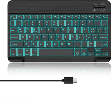 Tastiera Retroilluminata Bluetooth per iPad 10/10.2, Air 11/13, Samsung Galaxy Tab, Xiaomi Pad, Lenovo Tab, Honor, Ricaricabile Sottile QWERTY Tastiera Wireless per Tablet iOS/Windows/Android, Nero