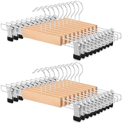 TOPIA HANGER Cintre en Bois avec Pince Antidérapants Réglables,Crochet Pivotant à 360°,Cintres pour Pantalon Pince pour Jeans,Jupes,Chaussettes,Lot de 20-CT44N20