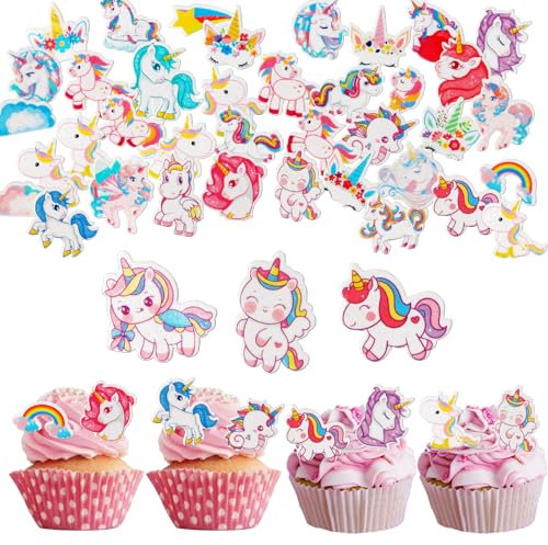 OSDUE Unicorno Commestibili per Torte, 80 Pezzi Unicorno Commestibile Cupcake Toppers, Unicorno Cake Decorazioni Commestibile per Cupcake, Ornamenti per Compleanno Alimentari Festa Matrimoni