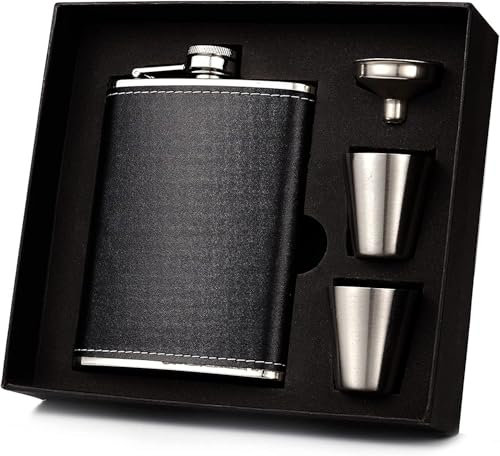 FASTDEPLE Fiaschetta Tascabile 224ml, Portatile Fiaschetta in Acciaio Inox Fiaschetta, Fiaschetta in Acciaio Inox Nero, fiaschetta per liquori, con 2 Tazze e 1 Imbuto per Bar, Campeggio, Picnic