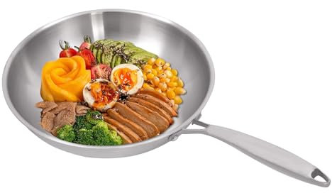 MEHOOSPVN Padella in acciaio inox, padella con coperchio in vetro temperato per famiglie, ristoranti, negozi fast food, compatibile con piani cottura a gas a induzione e in vetroceramica, 30 cm