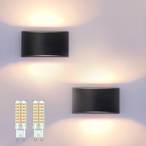 KICAAO 2 Pezzi Applique da Parete LED Moderno, Lampada da Parete Interno/Esterno con Lampadina G9 Sostituibile, 7W Luce Calda 3000K, Alluminio Nero Impermeabile IP65 per Ingresso Giardino