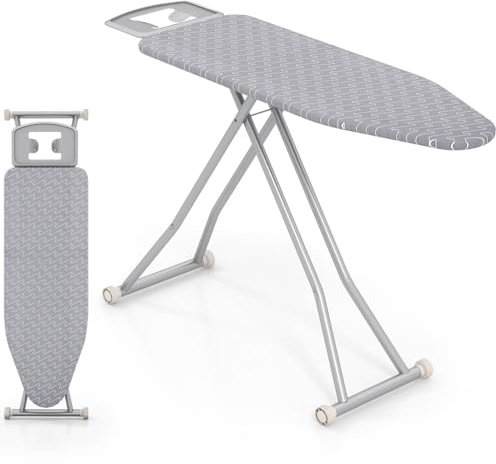 TANGZON Folding Ironing Board, 7 Height Adjustable Ironing Table with Iron Rest, Heat Reflective Cover, Safety Lock & Carbon Steel Legs, Lightweight Foldable Large Iron Stand (Grey, 120 x 38cm)