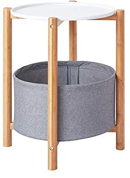 Coffee Round Table,Metal Nightstand,Sofa Side Snack Table,Bedside End Table With Detachable Tray Top and Fabric Storage Basket,Lamp Table for Living Room Bedroom (Color : Gray)
