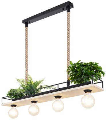 Hängelampe Holzleuchte Deckenleuchte Wohnzimmer Pendelleuchte mit Hanfseil, Metallrahmen mit Ablage schwarz, 4x E27, LxH 95x120 cm