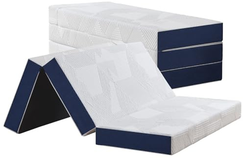 Okeery Klappmatratze 90 x 200 x 15 cm, 4-teilige Faltmatratze, Klappbar - Faltbare - Waschbarer Bezug - Schaumstoff Matratze, Gästematratze (Weiß & Blau)