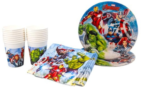 SPARKLERS CLUB Marvel Avengers, confezione da 52 pezzi, 16 piatti, 16 bicchieri, 20 tovaglioli, stoviglie usa e getta, stoviglie da festa, decorazione da tavola