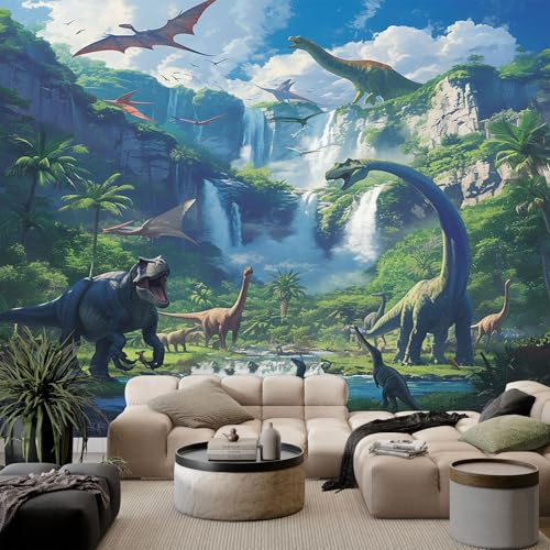 Tapete Fototapete 3d Effekt Dinosaurier Mit Tiermotiv Wandbild Wanddeko für Wohnzimmer Schlafzimmer, GrüN Vlies Tapeten mit Geruchsfreiheit Wandposter Wandkunst, 350x256cm