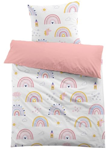 MUSOLEI Juego de edredón de 140 x 200 para niña con arcoíris, juego de cama de 140 x 200 para niño de 1 persona, princesa rosa 3D impresa en microfibra con funda de almohada de 65 x 65, regalo para