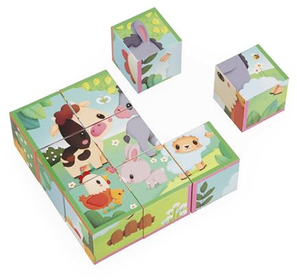 Janod - Würfelpuzzle für Kinder und Babys aus Karton - Thema Bauernhof - 9 Würfel und 6 mögliche Puzzles - Lernspielzeug für Babys und Kleinkinder - Feinmotorik Lernen - Wasserfarben - Ab 2 Jahre