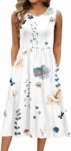 Sommarklänning för kvinnor, ärmlös, rund hals, elegant, blommig, ledig, A-linje, midi-klänning med fickor, strandklänning, Vit, XL