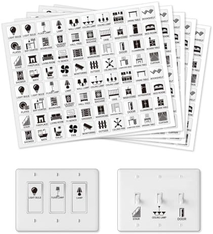 GOMAKERER 400 etiquetas adhesivas para interruptor de luz, 39 diseños, calcomanías transparentes de identificación de interruptor, calcomanías negras de etiquetas para cuadro eléctrico para el hogar