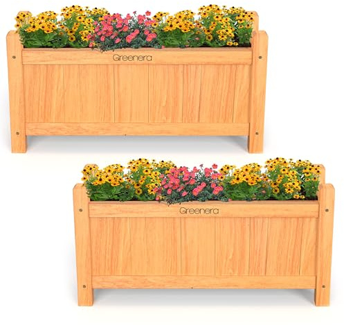 Vivo Technologies Set of 2 Wooden Garden Planters Large Outdoor Flowers Plant Pot Rectangular Garden Planters Planting Raise Bed Patio Decking, 60x20x31 cm, Natural