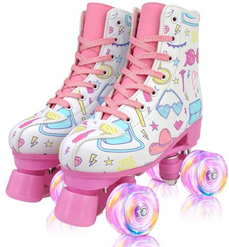 XUDREZ Rollschuhe Tribolumineszenz Rollschuhe Kinder und Erwachsene Rosa Druck Quad-Skates Leuchtenden Rädern Verstellbare Für Mädchen, Damen und Anfänger (White,38)