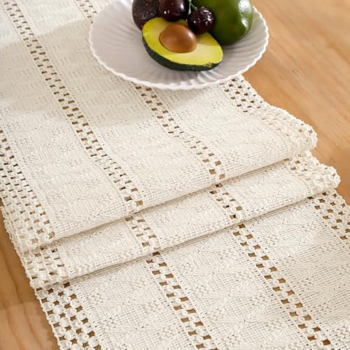 Runner Tavola Moderno, Retrò Bohémien Centrino Rettangolare Cotone Lino Lavabile Rustico Fattoria Macramè Runner da Tavolo Decorazione per Cucina Festa Compleanno 30 x 183 Bianco Beige