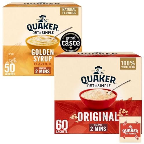 Quaker Oat So Simple Porridge Sachets Bundle, 60 Original (27g) & 50 Golden Syrup (36g), 110 Sachets Total, 100% Wholegrain Oats, Ready in Minutes | 60 x Original, 50 x Golden Syrup