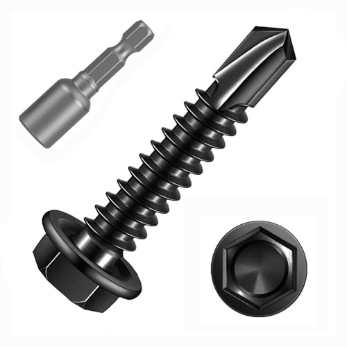 FandWay 100 Pièces Vis Autoforeuse Metal Noir,M4,2x16mm Vis à Tôle Autotaraudese à Tete Hexagonale et Autoperceuse Autoperforante Inox 410 avec 1 Bits pour Aluminium Bois Plastique.