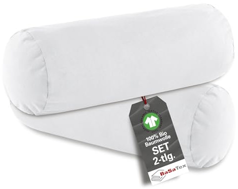 BaSaTex Bio Kissenbezüge für Nackenrolle 40x15 cm im 2er Pack - 97% GOTS-Zertifizierte Baumwolle + 3% Elasthan - Farbe: Weiss