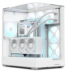 APNX V2 Boîtier ATX blanc – X-Pand Flow Dual Airflow, verre trempé 3 côtés, support de carte mère AIO et BTF inversé 360 mm, ventilateurs 4 × 140 mm, emplacements de ventilateur 160 mm, hub de