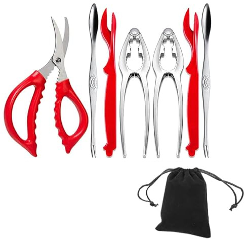 7-teiliges Edelstahl-Meeresfrüchte Werkzeug Set mit Aufbewahrungstasche | Hummercracker, Muschelgabel & Krabbschere | Professionelles Fischschupper Werkzeug für Restaurantküchen, Picknicks und Outdoor