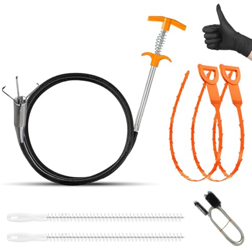 Qivine 7 Piezas Alambre Desatascador Tuberias, 150cm Destapador de Cañerias con Cepillo de Limpieza para Desagüe, Profesional Desatascador Fregadero para WC, Cocina y Baño