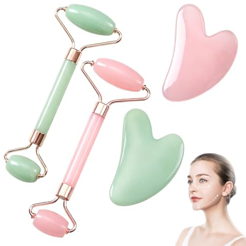 Green & Rose Quartz Jade Roller and Gua Sha Set,Roller & Gua Sha Set,Pink Jade Facial Massage Tools Gua Sha Stone for Anti-Aging & Skin Relaxation for Women Girls Men Neck/Body Use(4PCS)