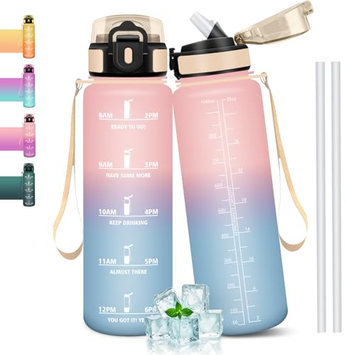 Mulbijeo Borraccia 1 Litro, Libre de BPA & A Prova di Perdita, con Cannuccia, Reutilizables, Borraccia Motivazionale, Palestra per Scuola, Palestra, Ufficio, Sport