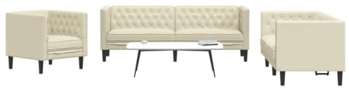 YuuSsea 3-TLG. Chesterfield Sofa Set Creme, Kunstleder, mit Sessel, 2-Sitzer und 3-Sitzer, für Wohnzimmer, strapazierfähig und pflegeleicht, gemütliche Lounge Möbel
