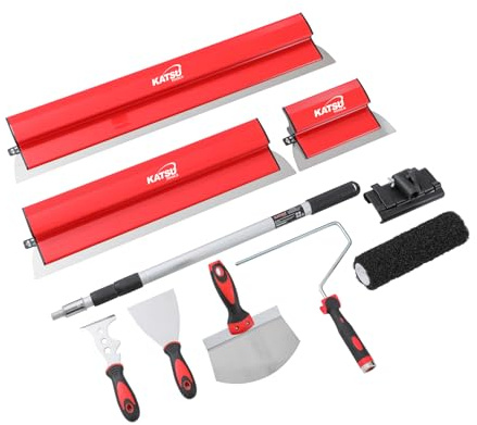 KATSU Tools Juego de 9 cuchillas de desnatado para paneles de yeso, cuchillas de 25/60/80 cm + poste de extensión de aluminio + rodillo de pintura + cuchillo de masilla + raspadores de papel pintado