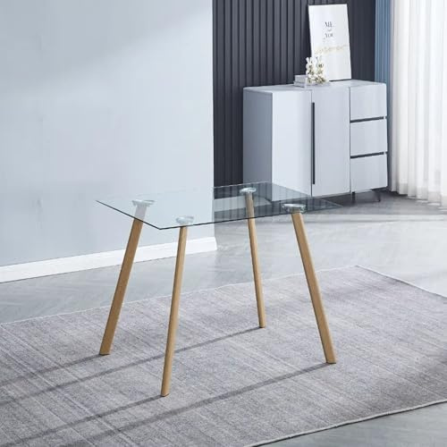 Meyvaser.com Ecommerce Company Mesa de Cocina Fija con Tapa de Cristal Templado Transparente y Patas Color Madera – Diseño Moderno y Funcional.