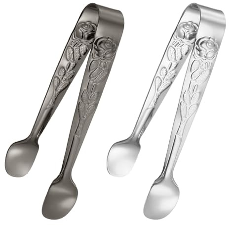 M METERXITY 2-Pack Mini Serving Tongs 4.1 Inch, Silver Tone-Black | 304 Stainless Steel, Mini Sugar Cube Ice Tongs, for Tea and Coffee Party/Outdoor, Small U-shaped Metal Accessories