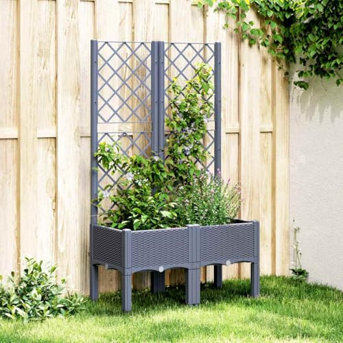Pot de fleurs gris bleu avec treillis 80 x 40 x 142 cm, bac à fleurs en polypropylène pour jardin, extérieur, parterre surélevé pour plantes grimpantes, légumes et fleurs