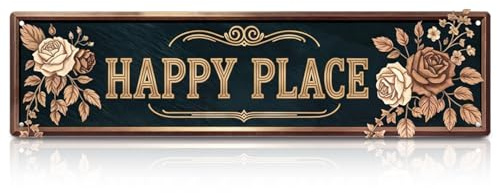 Happy Place Vintage Garden Decor, Funny Metal Signs & Plaques with Holes Punched at the Four Corners, Welcome Sign with Floral Pattern for Home Front Door Cafe Bar Club Deck Yard Porch, 16x4 Inches