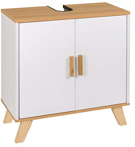 eSituro Waschbeckenunterschrank Badschrank mit Siphonausschnitt Waschtischschrank Badzimmerschrank Badregal Aufbewahrungsschrank verstellbare Ebene aus MDF Bambus Weiß Natur