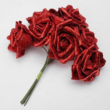 Young21 7 st konstgjord bukett glitter skum konstgjorda blommor bröllop brud fest dekor gör-det-själv ros - röd