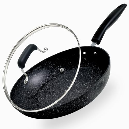 GonZalo GraCia. Non Stick Frying Pan with Lid 30cm | Black Granite Coating for All Hobs Induction, Gas & Electric | Easy to Clean, Healthy Cooking | Heat Resistant & Cool-Touch Handle (30cm Granite)
