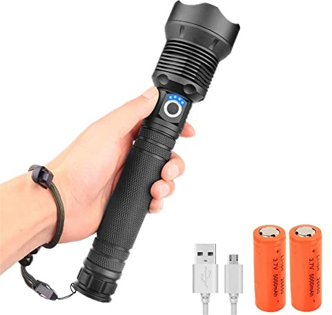 Torche Lampe de Poche LED Rechargeable Super Bright LED Lampe Militaire Tactique Mise au Point Réglable 5 Modes Torche de poche étanche pour Camping Randonnée D'urgence
