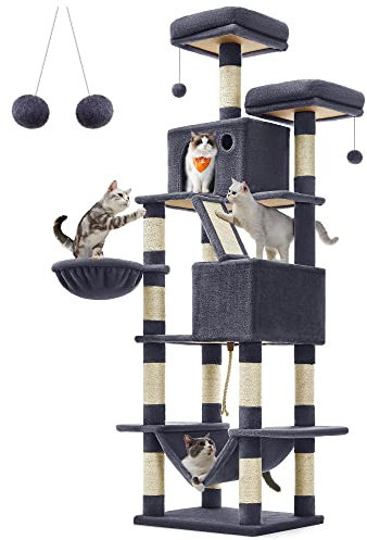 Feandrea Kratzbaum groß, 206 cm hoch, XXL Katzenbaum, mit 13 Kratzsäulen, 2 Plattformen, 2 Höhlen, Korb, Hängematte, Plüschbälle, mehrstöckiger Katzenkratzbaum, rauchgrau PCT190G01