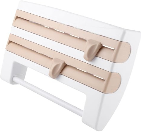Wandrollenhalter mit Regal, Küchenrollenhalter mit Folienschneider, Papierrollenhalter für Küchenrolle, Aluminiumfolie, Frischhaltefolie, Khaki | Integrierte Klingen Für Folien, Stabile Abs-Konstruktion, Praktischer Frischhaltefolienspender Für Küche Schrank, Khaki
