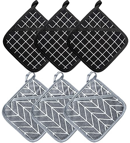 DXRPO Presine da Cucina e Guanti da Forno Resistenti al Calore 392 °F, Imbottito con cotone riciclato, Presine da Cucina, Per Cucinare e Cuocere, 18cm x 18cm, 3 pezzi Grigio e 3 pezzi Nero