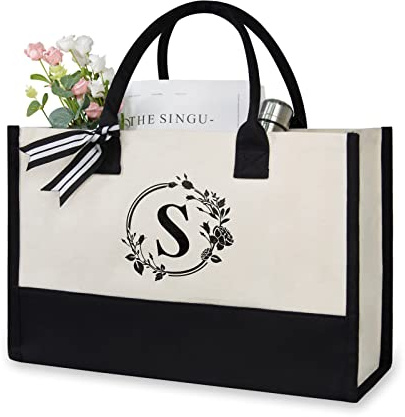 TOPDesign Initial Canvas Tote Bag, Personalized Present Bag, Suitable for Wedding, Birthday, Beach, Holiday, is a Great Gift for Women, Mom, Teachers, Friends, Bridesmaids (Letter S)