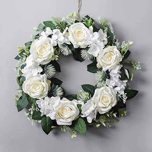 Winter Wreath for Front Door - Artificial Rose Spring Farmhouse Decoration (White)