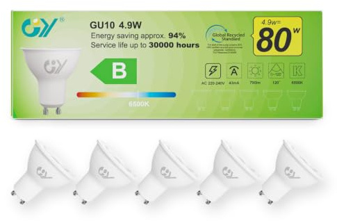 GY Lampadine GU10 LED, 4.9W (equivalenti a 80W), 790 Lumen, 6500K Bianco Fredda, Risparmio Energetico LED GU10, Lunga Durata, Basso Consumo, 120° Angolo del Fascio,Non Dimmerabile, 5 pezzi